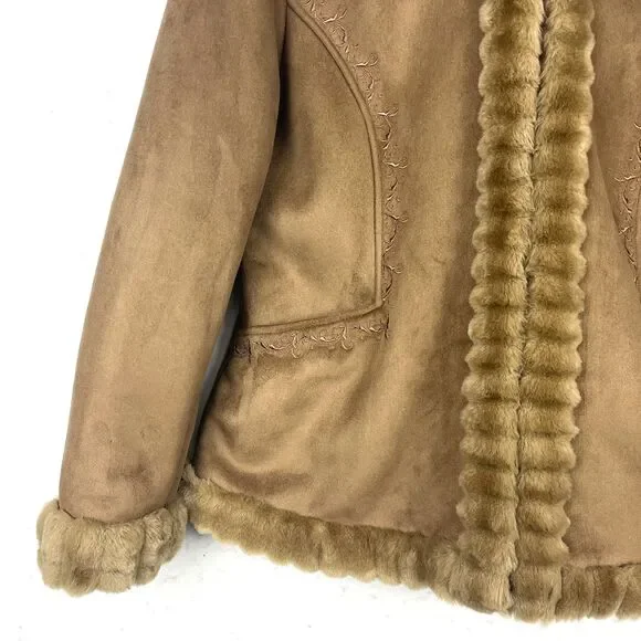Faux Suede Jacket Womens SZ XL Faux Fur Trim Hood Embroidered Floral Soft Brown - Picture 6 of 11